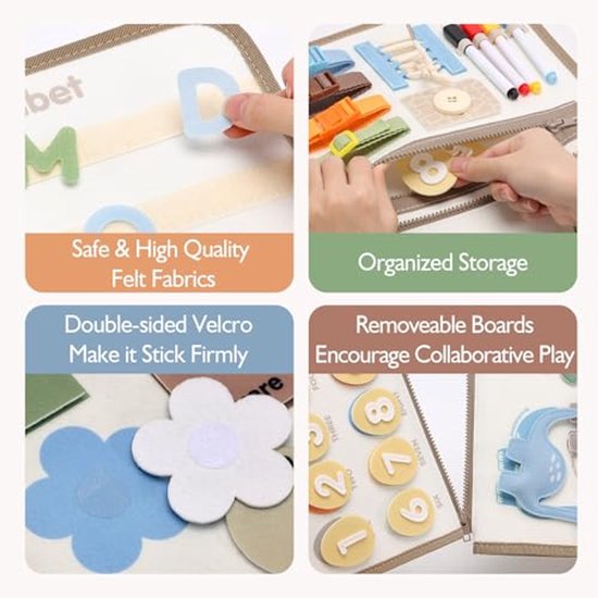 Montessori Busy Board voor peuters – Sensorisch bord met dinosaurus-thema – Educatief Busy Book – Leerspeelgoed voor peuters – Leeractiviteiten voor de kleuterschool – Reisspeelgoed voor vliegtuig en auto — afbeelding 5