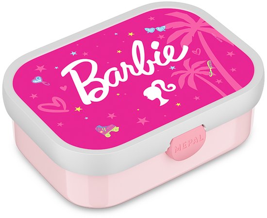 Boîte à pain Mepal rose avec logo Barbie, palmiers, étoiles, cœurs, patins à roulettes et lunettes de soleil.