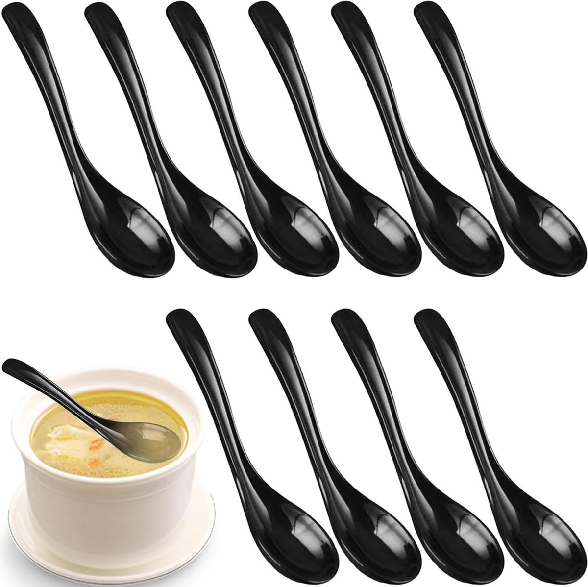 Set van 10 Zwarte Soeplepels - Melamine Lepels voor Aziatische Soepen, Rijst en Proeven