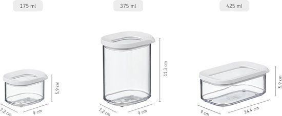 Dimensions des boîtes de rangement Mepal Modula : 175 ml, 375 ml et 425 ml.