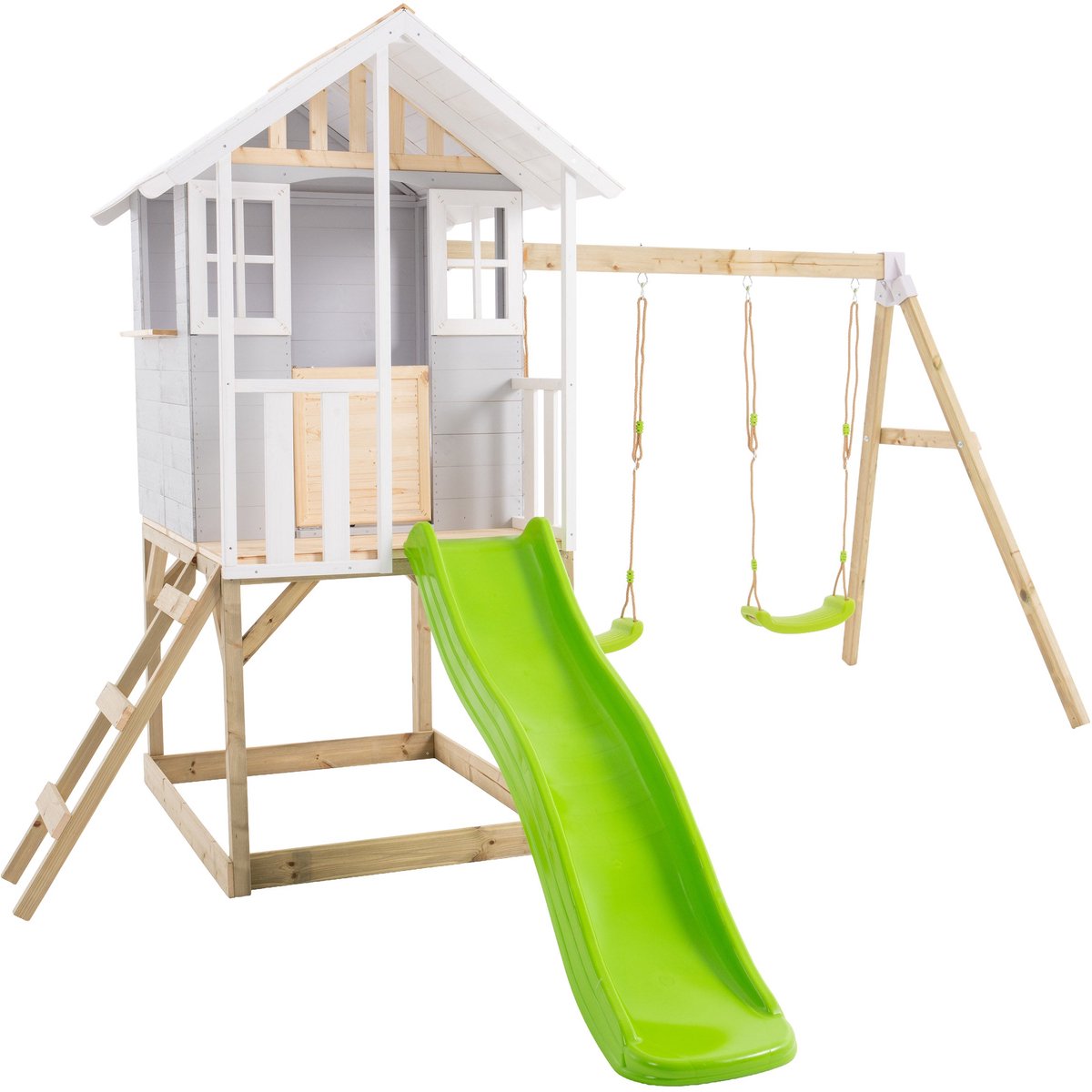 Houten FSC®-hut op palen met platform, glijbaan en twee PERCE-NEIGE-schommels