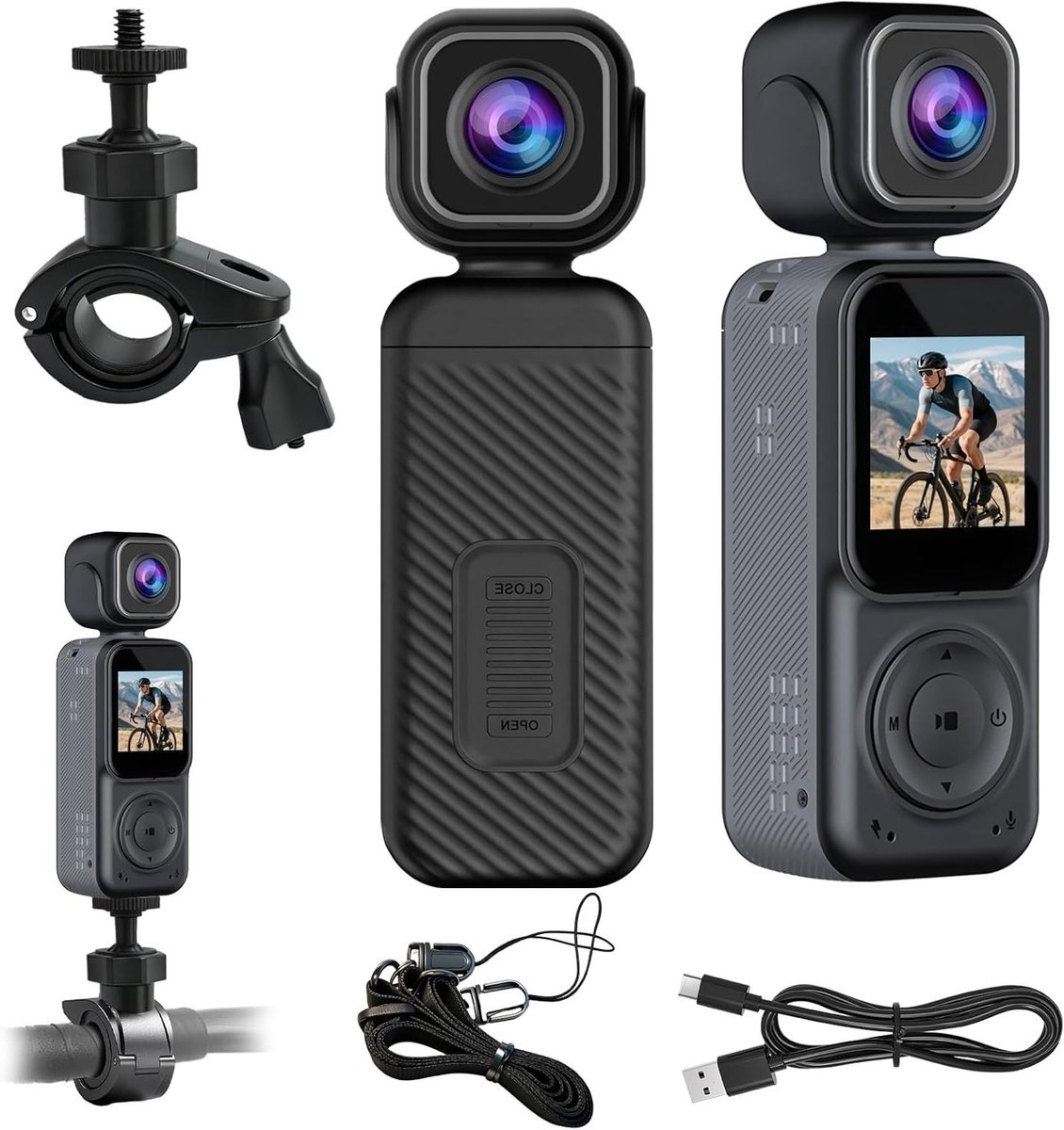 Actiecamera 4K met Voor- en Achterlens, 180° Draaibare Lens en Nachtzicht voor Vloggen, Fietsen en Skiën