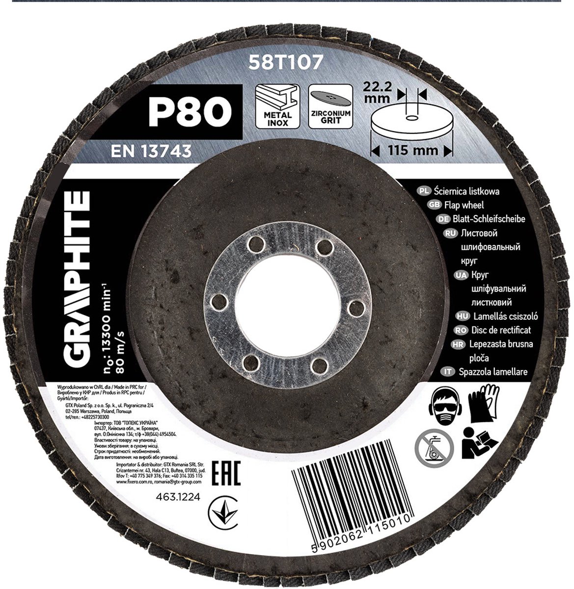 GRAPHITE - Zirkonium Lamellenschijf - 115 x 22,2 mm - P80