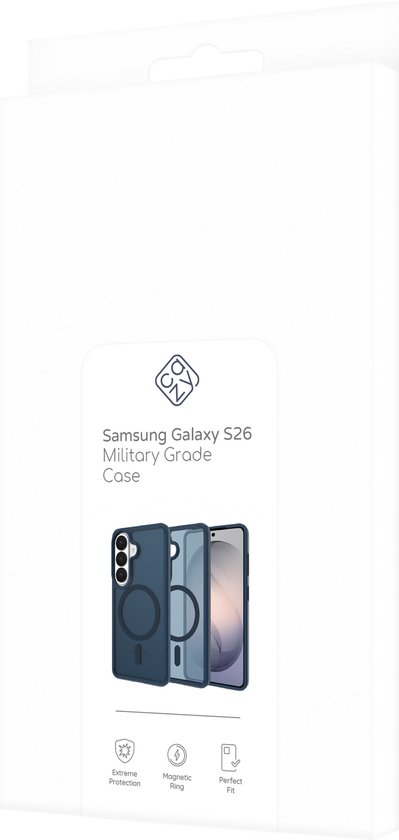 Verpakking voor Samsung Galaxy S26 Military Grade hoesje met afbeeldingen van hoesjes.