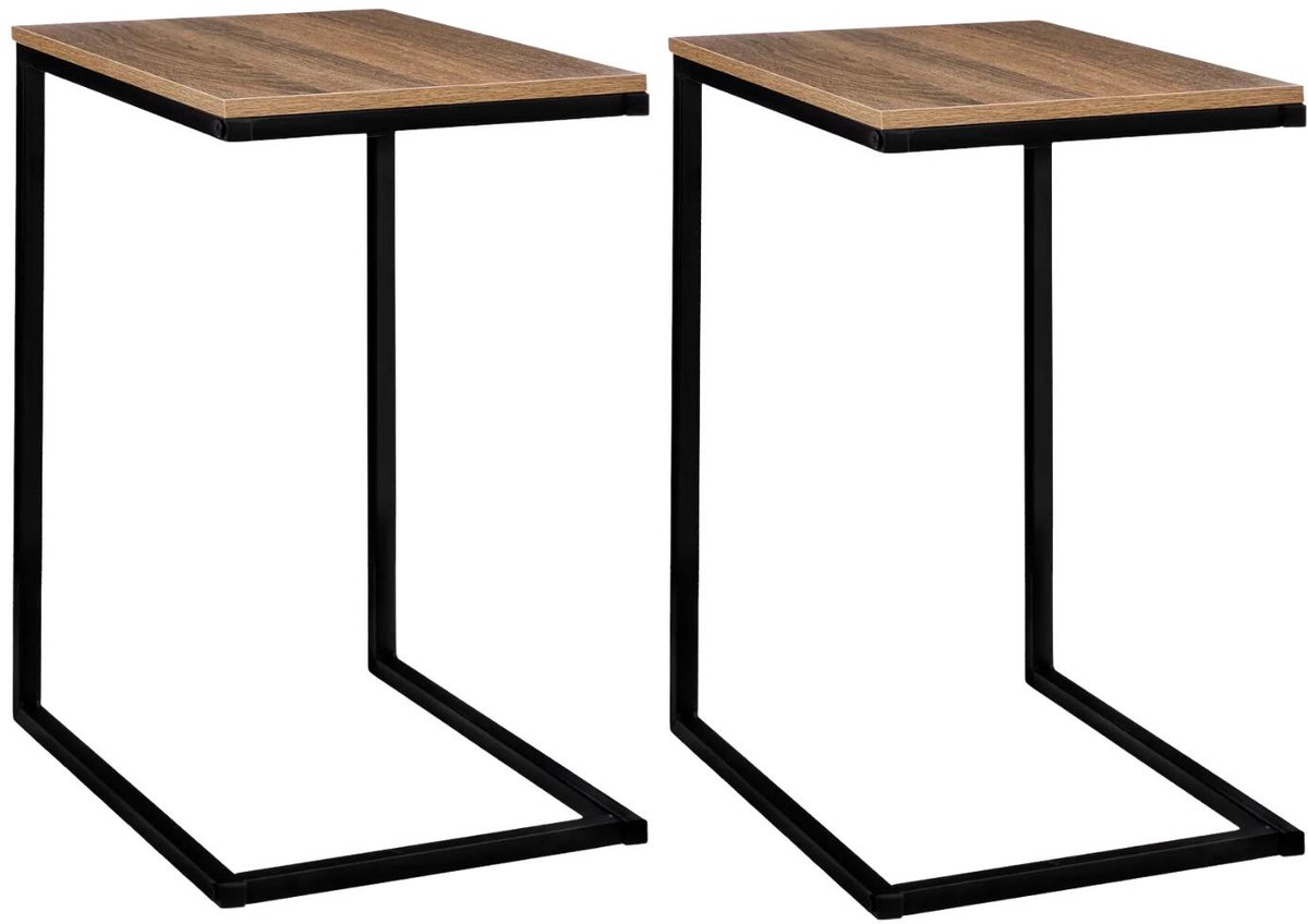 5Five® 5Five Bijzettafeltje Chevron - 2x stuks - hout/metaal - lichtbruin/zwart - 45 x 35 x H66 cm - koffie tafel - bank tafel