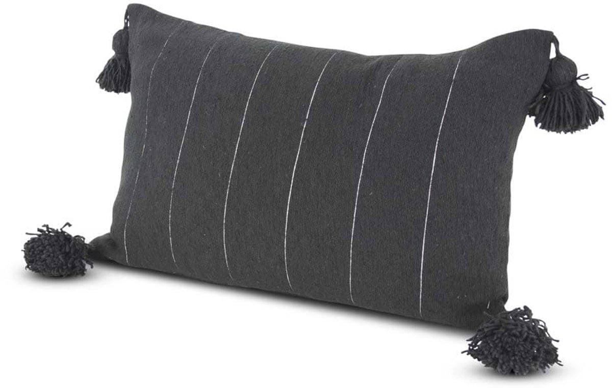Safaary - Marokkaanse Pom-Pom Kussen Zwart met Zilver