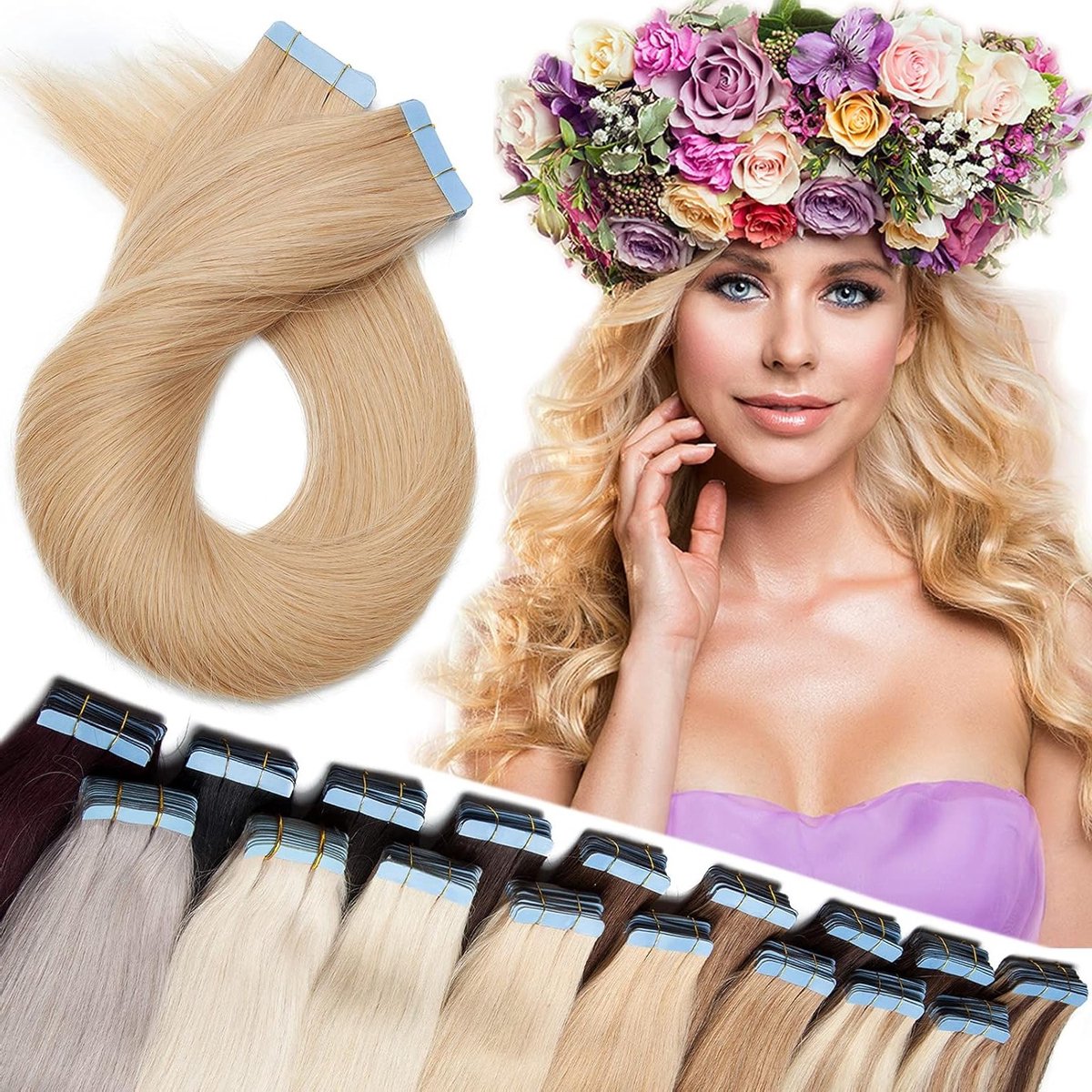 Tape in Extensions van 100% Remy Echthaar - Haarverlenging met Klebeband, 40 Stuks + 10 Gratis Tapes, Middenblond #24, 20" (50 cm)