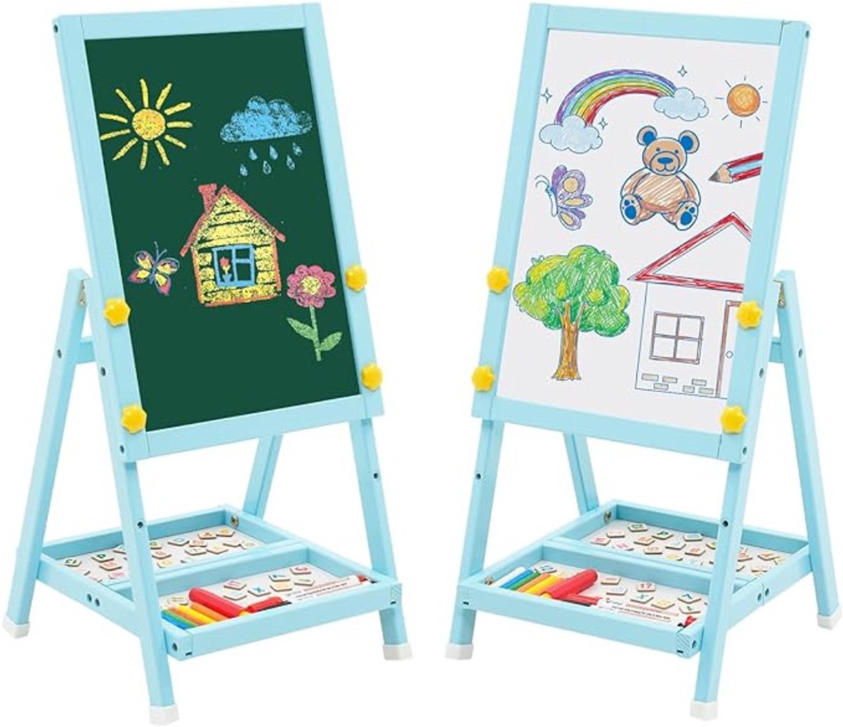RUX® Krijtbord Staand - Krijtbord Kinderen Met Opbergruimte – Tekenbord Met Cijfers en Accessoires –Dubbelzijdig Schoolbord - Schrijfbord Uitwisbaar – Whiteboard – Educatief Speelgoed - Schildersezel - Blauw - 30cm x 30cm x 55cm