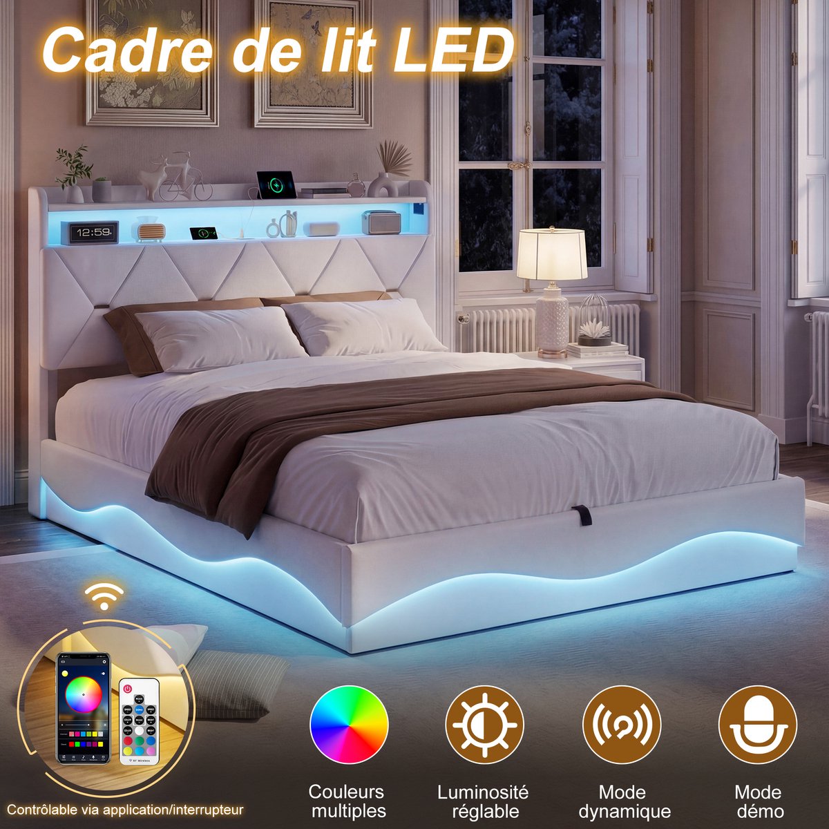 Tweepersoonsbed 160x200cm – met LED-, USB- en Type-C-aansluiting – hydraulisch verstelbaar – hoofdbord met open en verborgen opbergruimte – beige - exclusief matras