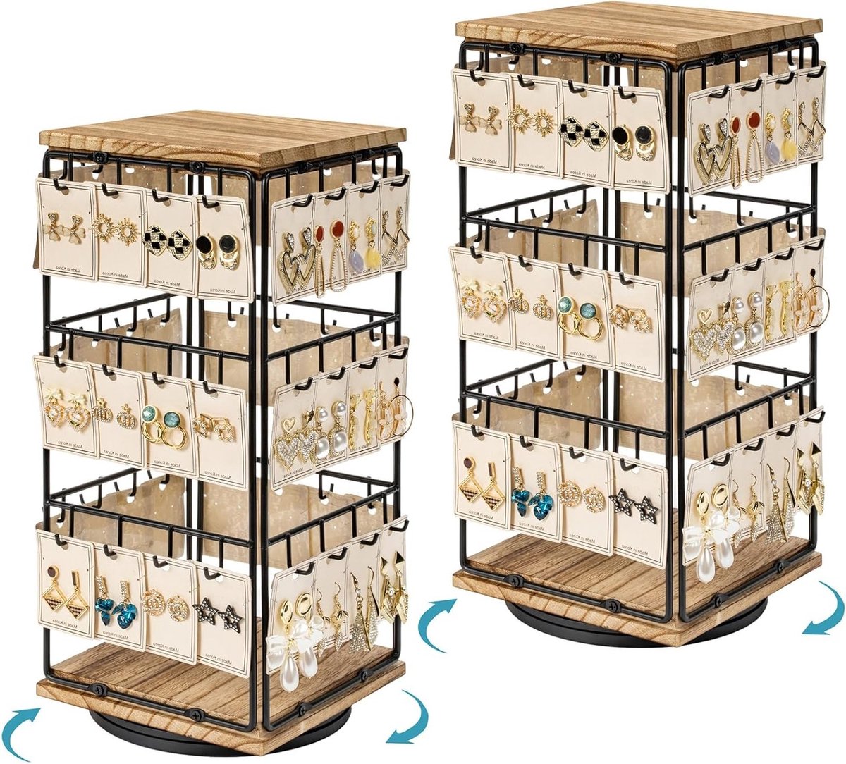 Set van 2 360° draaibare oorbelstands voor sieraden, sieradenorganizer met houten basis, perfect voor het tentoonstellen van oorbelkaarten, kettingen, ringen en armbanden
