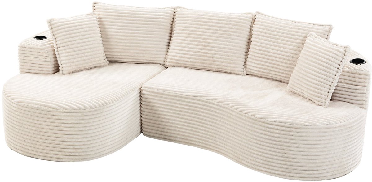 Merax 3-Zits Bank - Gebogen Sofa - Cord Stof - met Bekerhouders en Opbergvakken - Beige