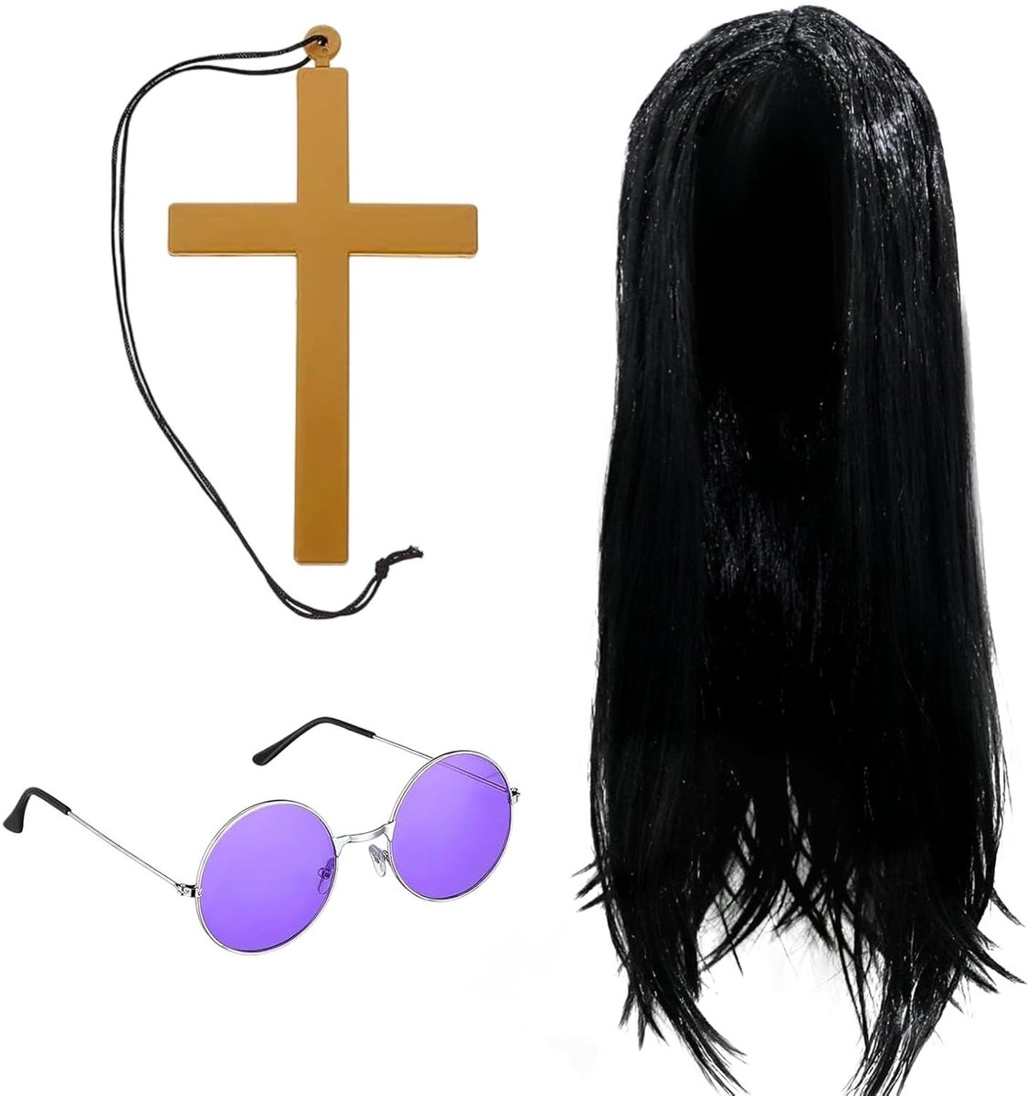 Accessoire Set voor Rockster Kostuum, Lange Zwarte Peruka, Paarse Ronde Zonnebril en Gouden Kruis, Perfect voor Halloween en Feestjes in 70s en 80s Stijl