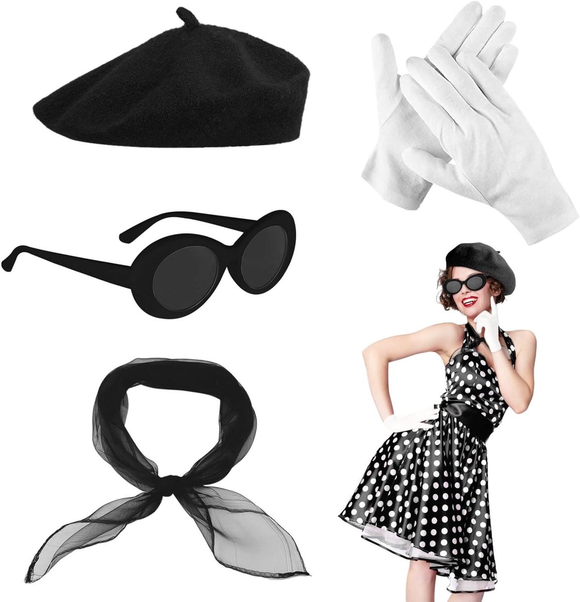 4 Delige 50s Kostuumaccessoires Set voor Vrouwen, Retro Beret, Sjaal, Zonnebril en Handschoenen, Perfect voor Feestjes en Themadagen
