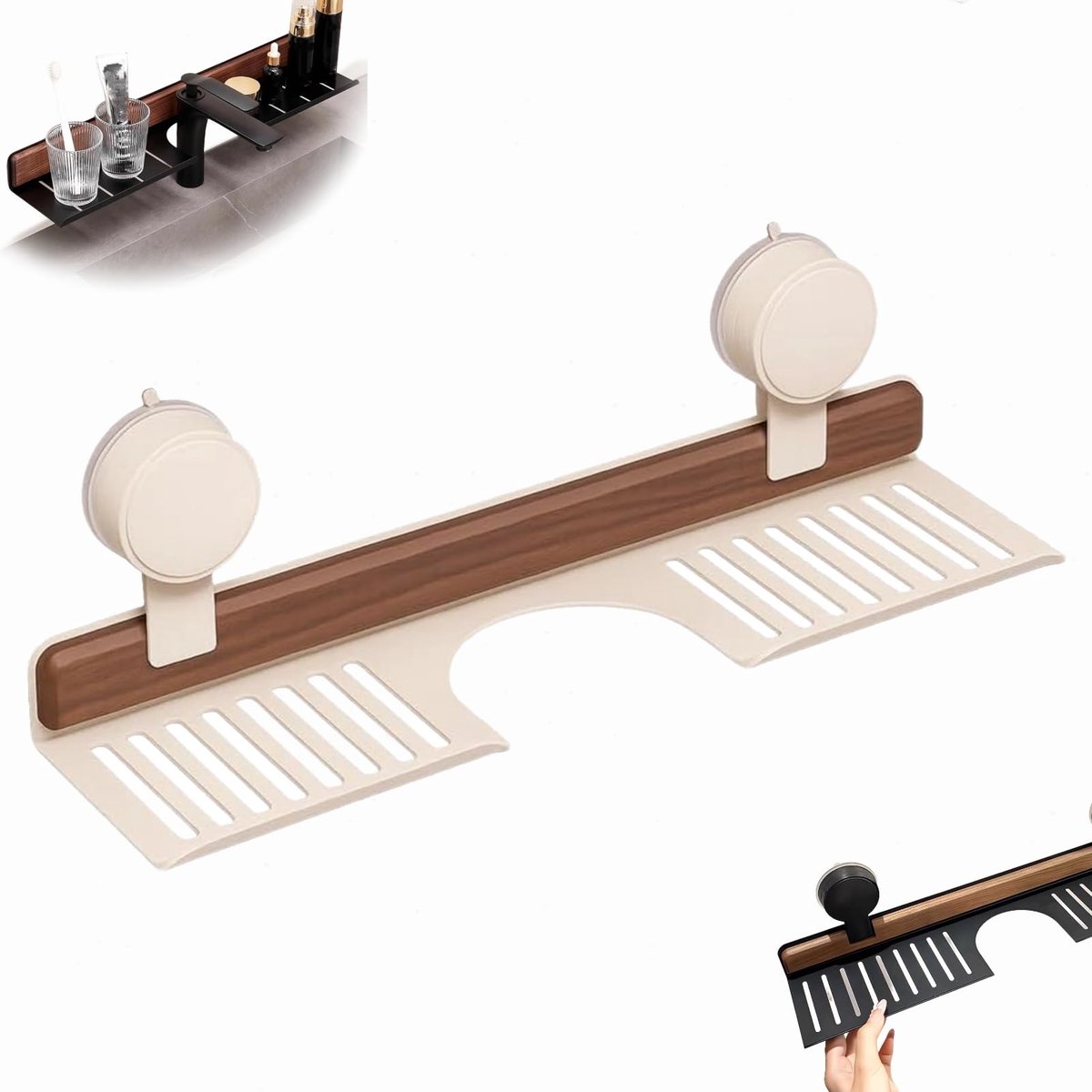 carmdering - Kraanplank - Zuignap Plank - Wandplank Badkamer - 40 cm, walnoot hout, wit, draagvermogen 2 kg - Zuignappen, geen gereedschap - Eenvoudig schoon te maken - Perfect voor tandenborstel en scheermes