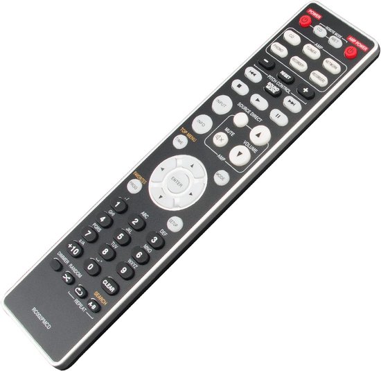 Zwarte afstandsbediening met een hoop knoppen, waaronder een numeriek toetsenblok en navigatieknoppen. Model RC002PMCD.