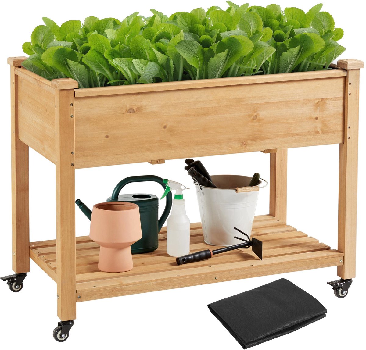 Yaheetech Verhoogd bloembed met wielen en legplank, plantenbak, plantenbak, bloemenbak, kruidenbed van hout, plantenbed voor tuin, balkon en terras, 105 x 56 x 83 cm