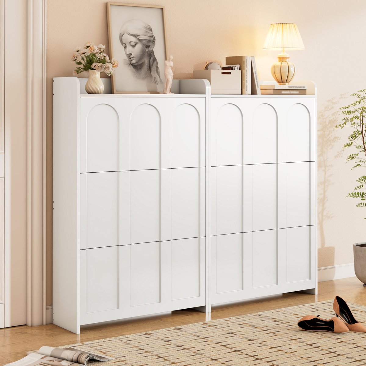 MIVRAY Schoenenkast - Ruimtebesparend Met 6 Klepdeuren En Lade - Voor Hal En Woonruimte - MDF - 140x25x120 Cm - Wit