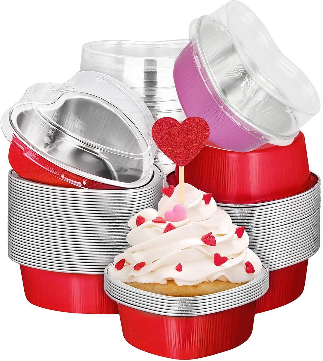 carmdering - Muffin vormpjes - 50 stuks aluminium folie bakvormen 100 ml - met deksel - hartvorm voor cupcakes