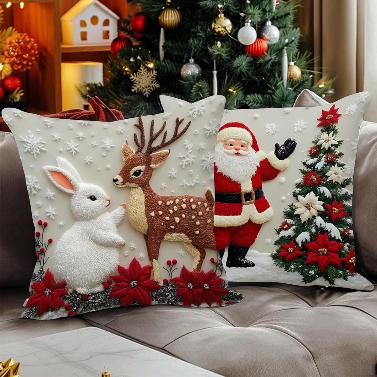Kerstdecoratie: 2 Stuks Kerststrikken en Kussens voor de Bank, 45 x 45 cm, Perfect voor de Feestdagen met Santa Claus en Bunnies