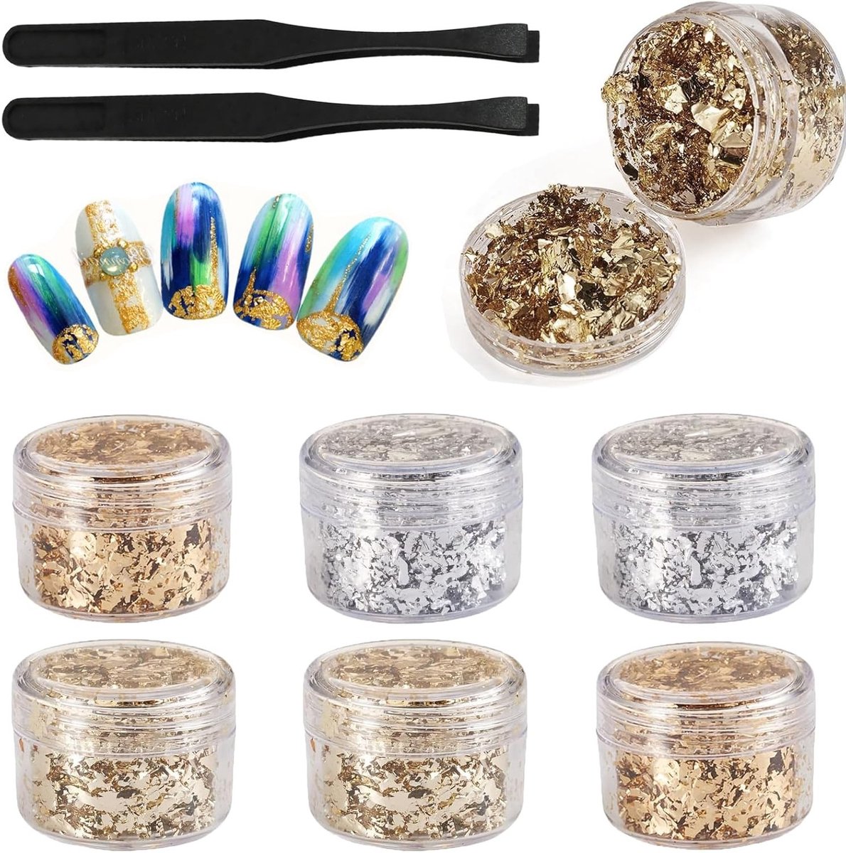 Gouden Bladdecoratie Set met 2 Pincetten in 3 Glanzende Kleuren voor Hout, Papier en Keramiek Decoraties voor Resin, Schilderijen en Nail Art