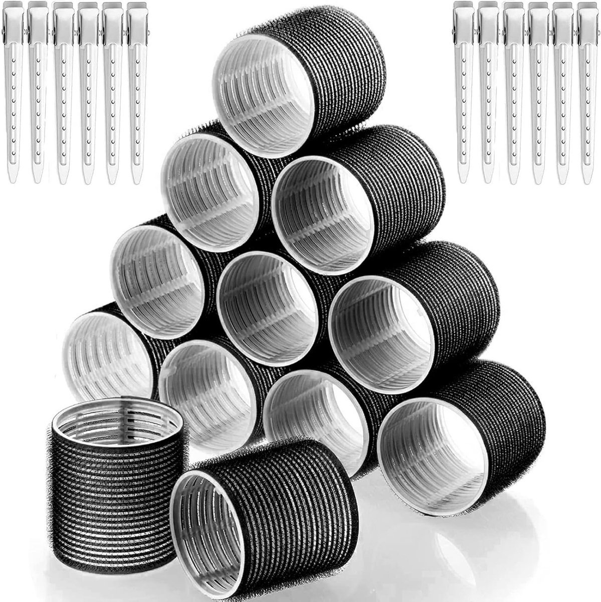 24 Stuks Haarrollers voor Grote Krullen zonder Hitte - Zelfklevende Krulspelden met 12 Klemmen voor Lang, Middelgroot en Kort Haar