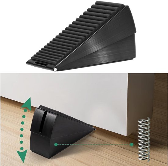 Zwarte deurstopper met veer, gebruikt om de deur aan de muur te bevestigen.