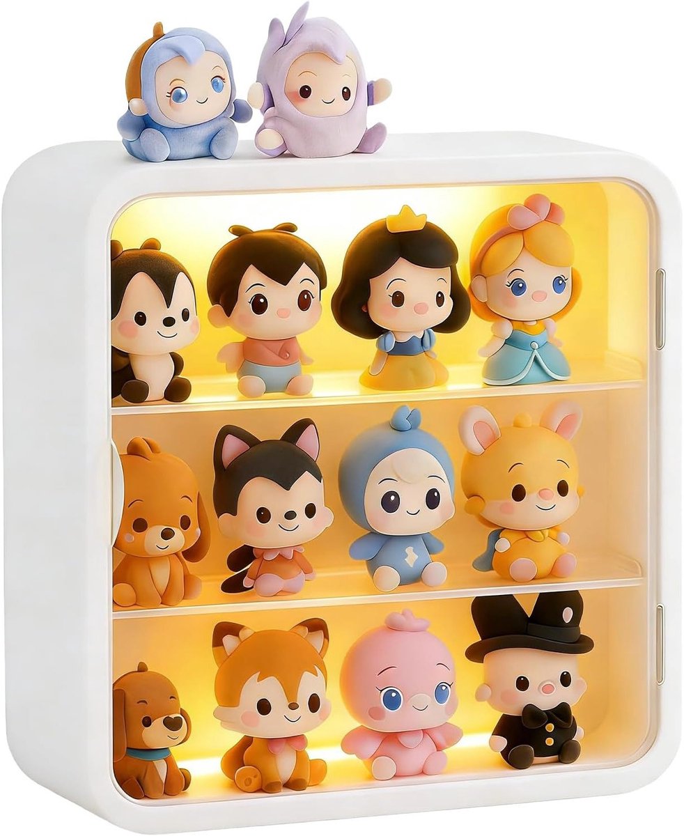 3-laagse heldere displaykast voor figuren, wandmontage poppenopslag met verlichting, verstelbare acryl displaybox met magnetische deur voor poppen en speelgoed