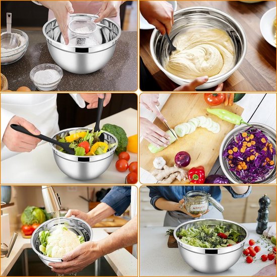Mixkommen Set van RVS, 3 Stuks met Luchtdichte Deksel + 5 Bakaccessoires, Ideaal voor Koken, Bakken en Opslaan, Stapelbaar, 1.2L/2.7L/4.5L, Zwart, 8 Stuks van Merkloos — afbeelding 4