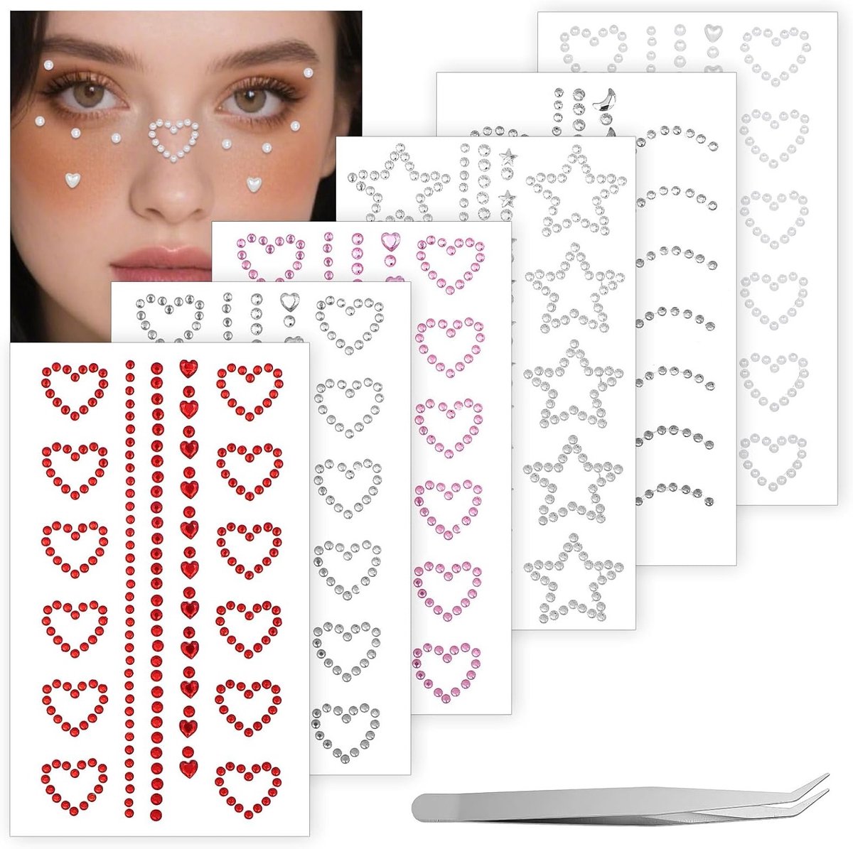 3D Zelfklevende Gezichtsjuwelen - Sterren, Harten en Maanvormige Stickers voor Oogmake-up en Lichaamsversiering met Pincet - Perfect voor Feestjes en Festivals