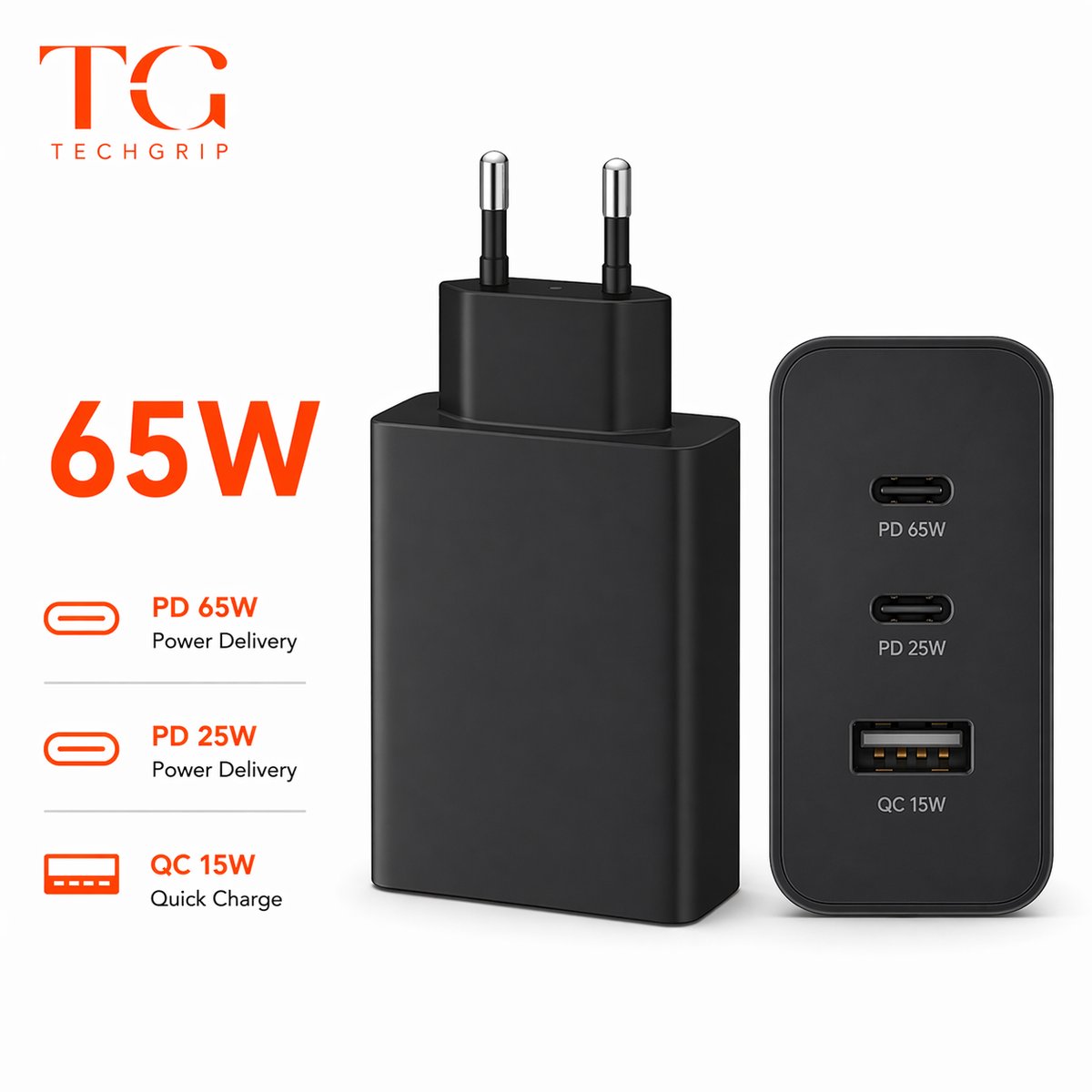 65W Snellader USB-C PD + USB-A QC 3.0 - 3 Poorten Oplader voor Laptop, Smartphone, Tablet - Zwart - Afbeelding 3