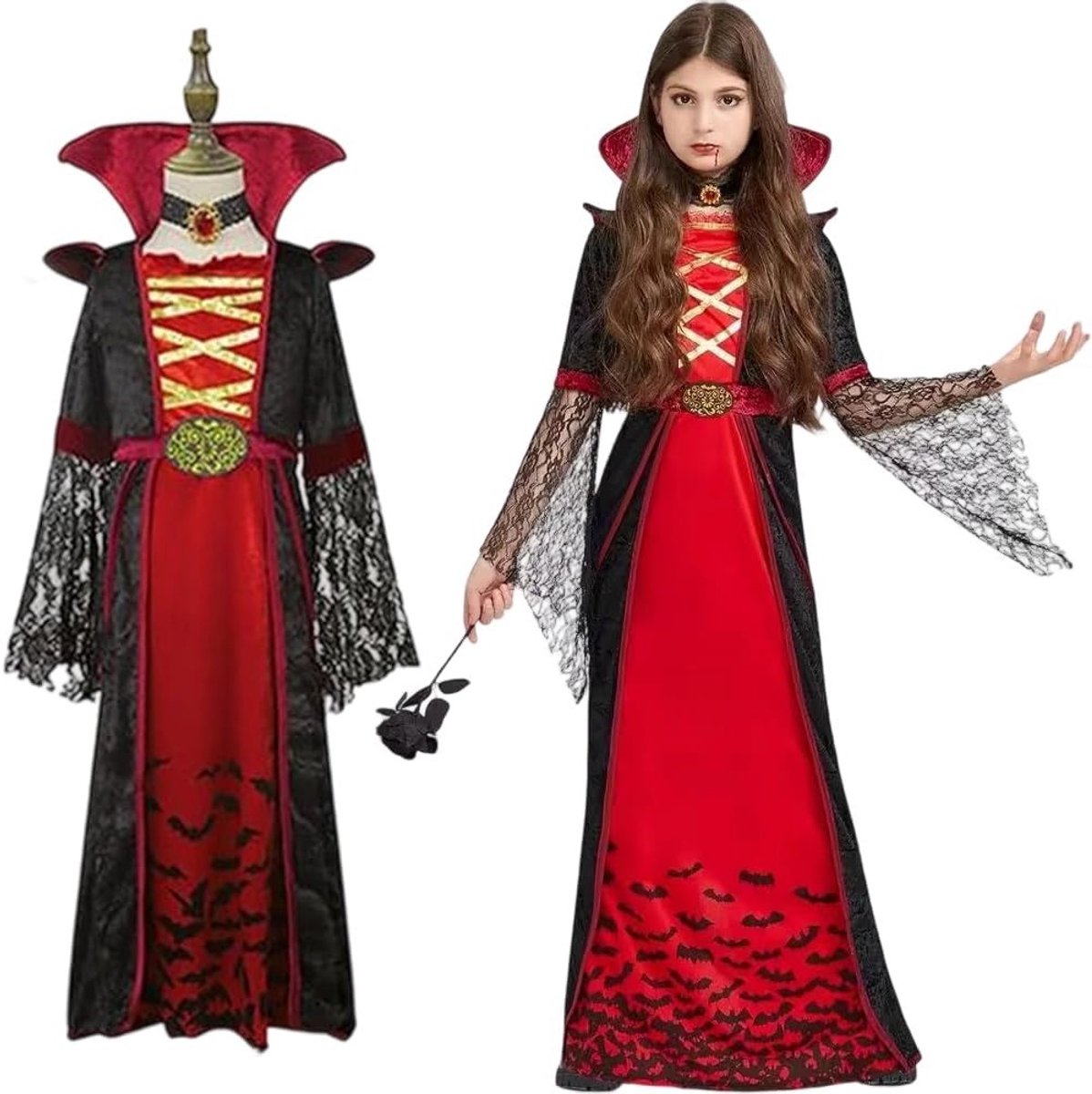 Deluxe Royal Vampire Kostuum voor Meisjes, Perfect voor Halloween, Carnaval en Cosplay (130-145 cm) met Sierlijke Halsketting