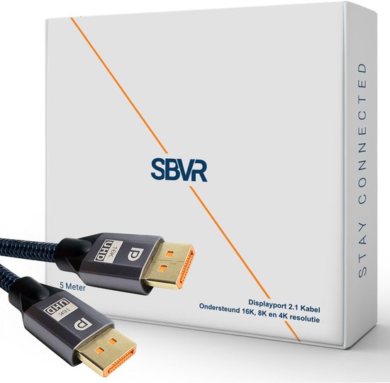 Doos met 'SBVR STAY CONNECTED' logo en twee DisplayPort 2.1 kabels met grijs omhulsel en gouden connectoren.
