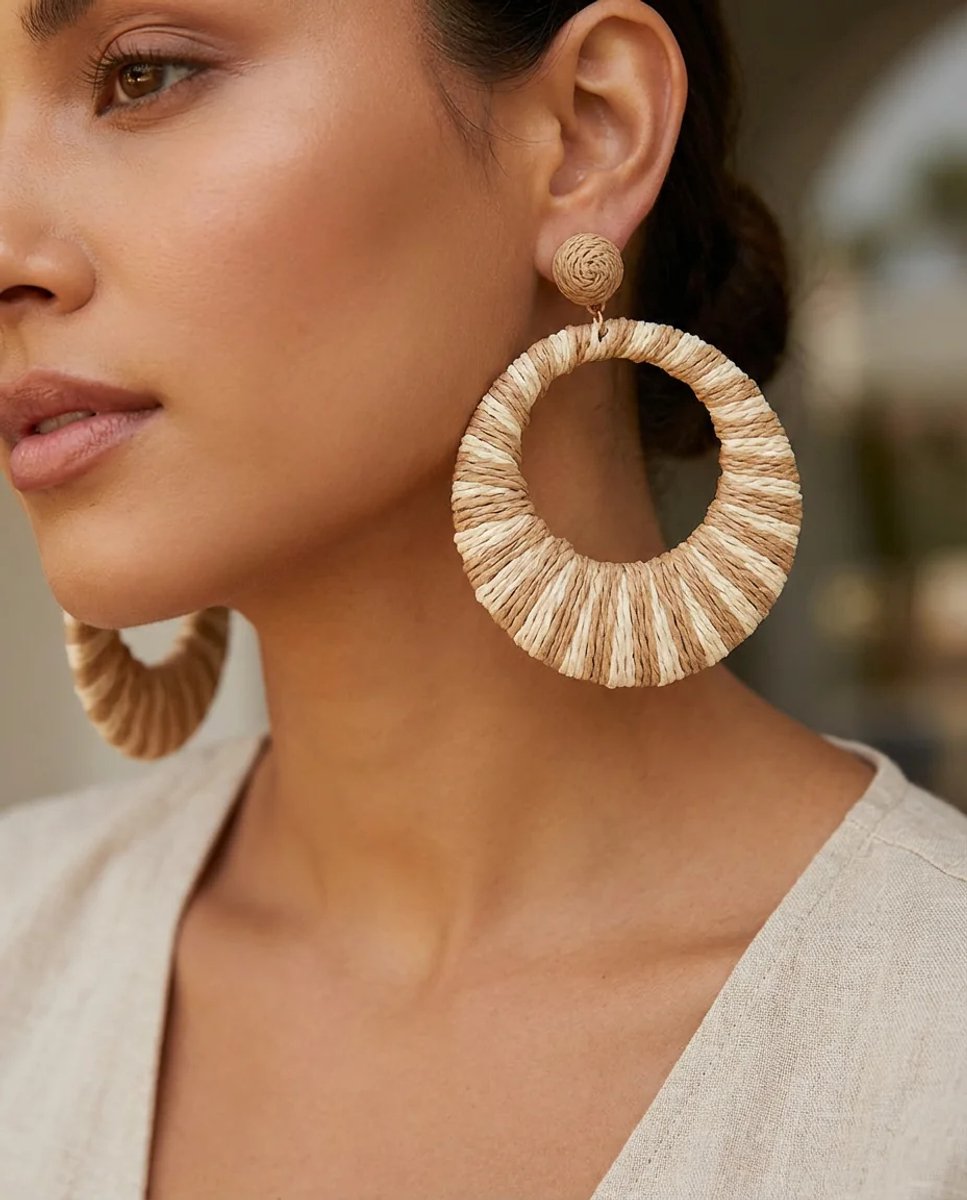 Dorvina Rotan Dames Oorbellen Krem Kahverengi Hangende Ring Bohem Zomer Dames Oorbellen