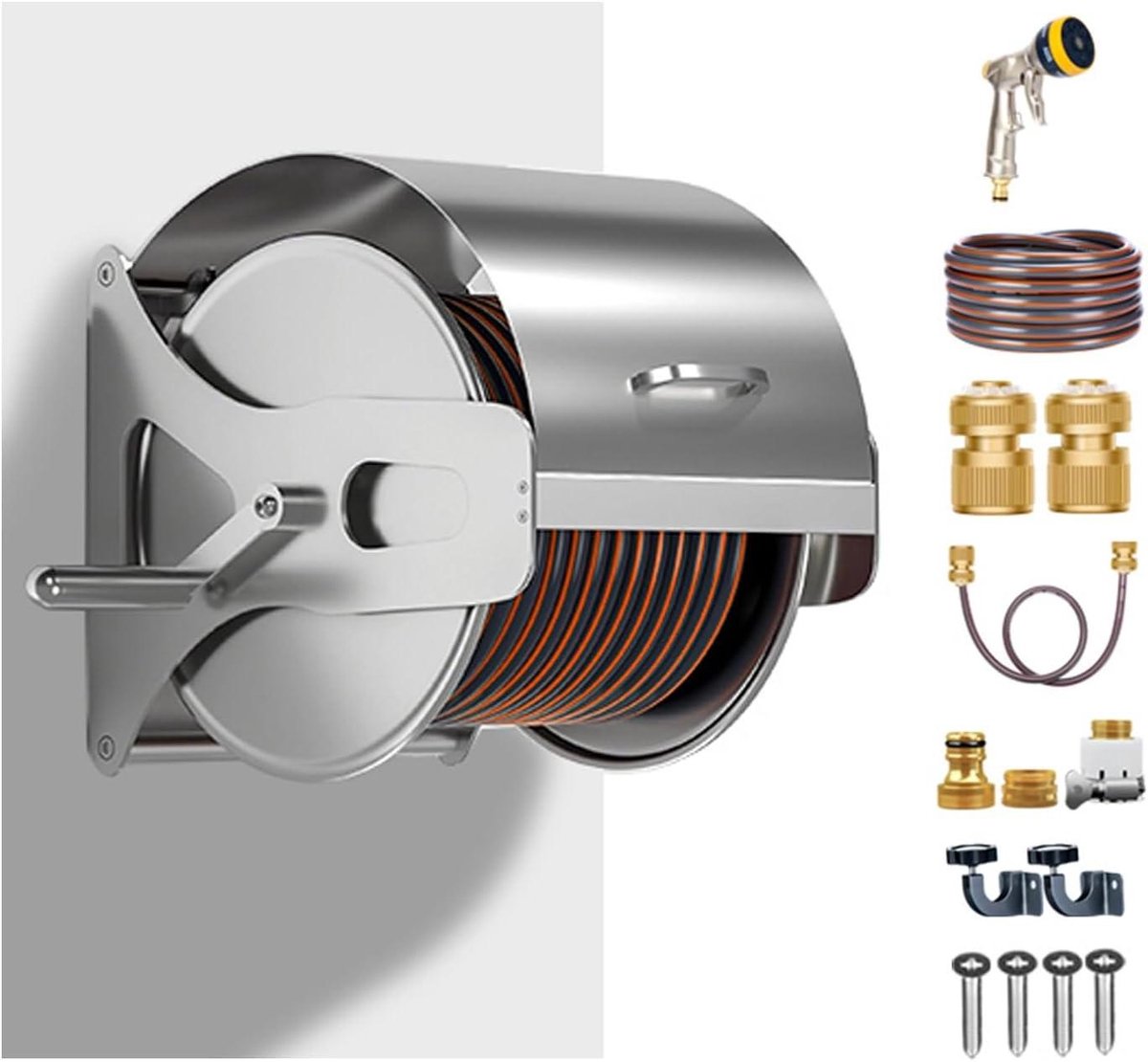 Tuinslangenrek - Slanghouder - Slangen Opbergen - Volledig Metalen Constructie - Wandmontage - Zilver