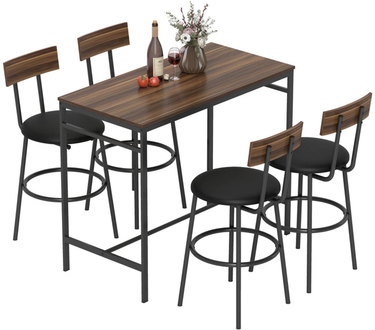 Merax 5-Delige Bartafelset Met 4 Barkrukken - Industriële Barset Voor 4 Personen - Ruimtebesparende Keukentafel - Bruin/Zwart - 110 x 55 x 90 cm
