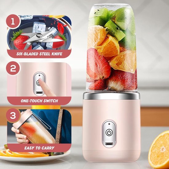 Draagbare Mixer - Smoothie Maker - Gezonde Drankjes Maken - 6 RVS Messen - 400ml Capaciteit - Roze — afbeelding 3