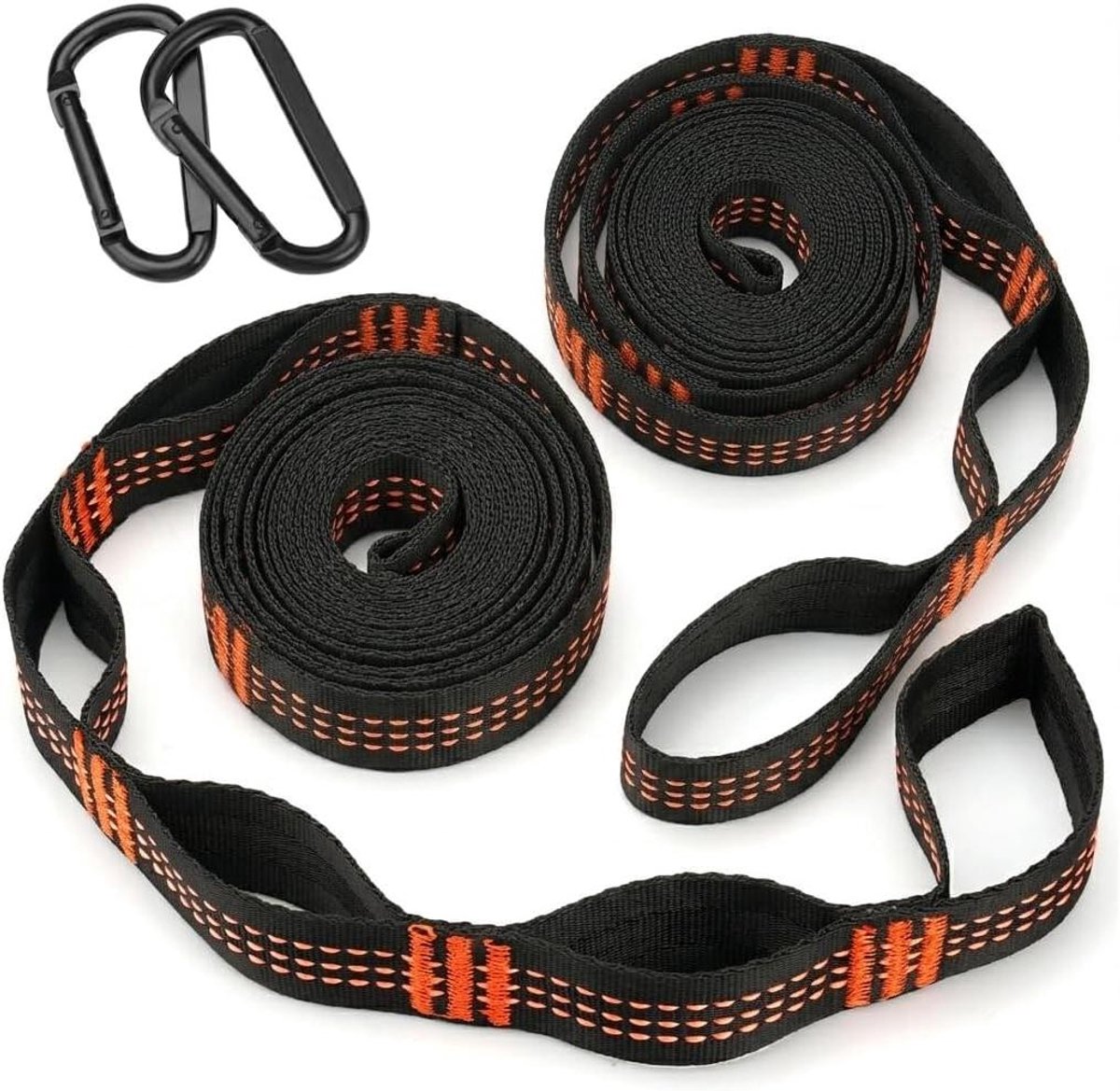 Hangmatbevestiging Set - Ophangriemen - Ontspannen Buiten - Boomvriendelijk Systeem - 2 Meter - Zwart Oranje