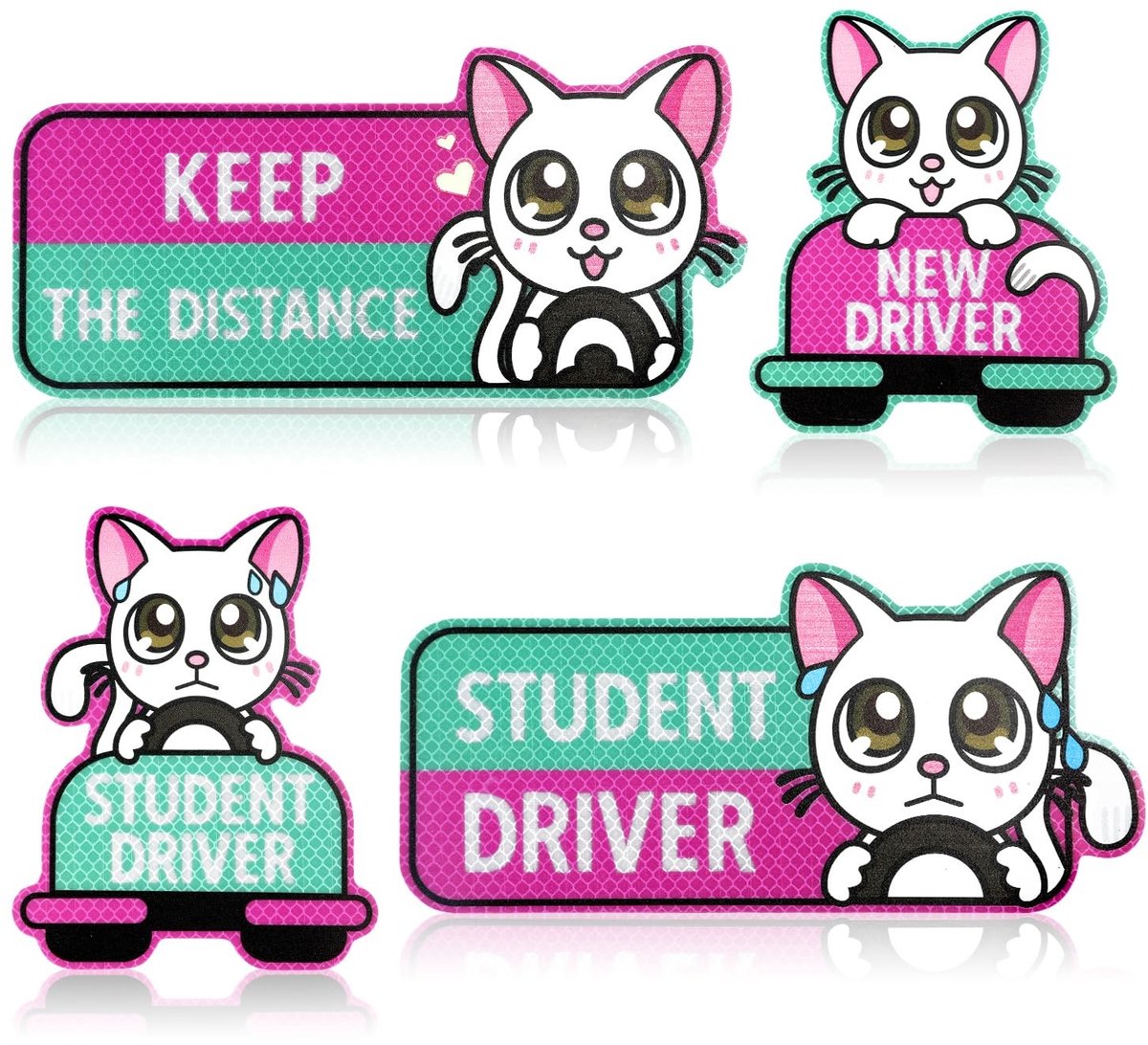 Dailygoods- Auto Magneet 4 Stuks - Reflecterende Folie - Student Bestuurder - Afstand Houden - Cartoon Ontwerpen - 16,5x14cm / 24x11,7cm - Auto Sticker