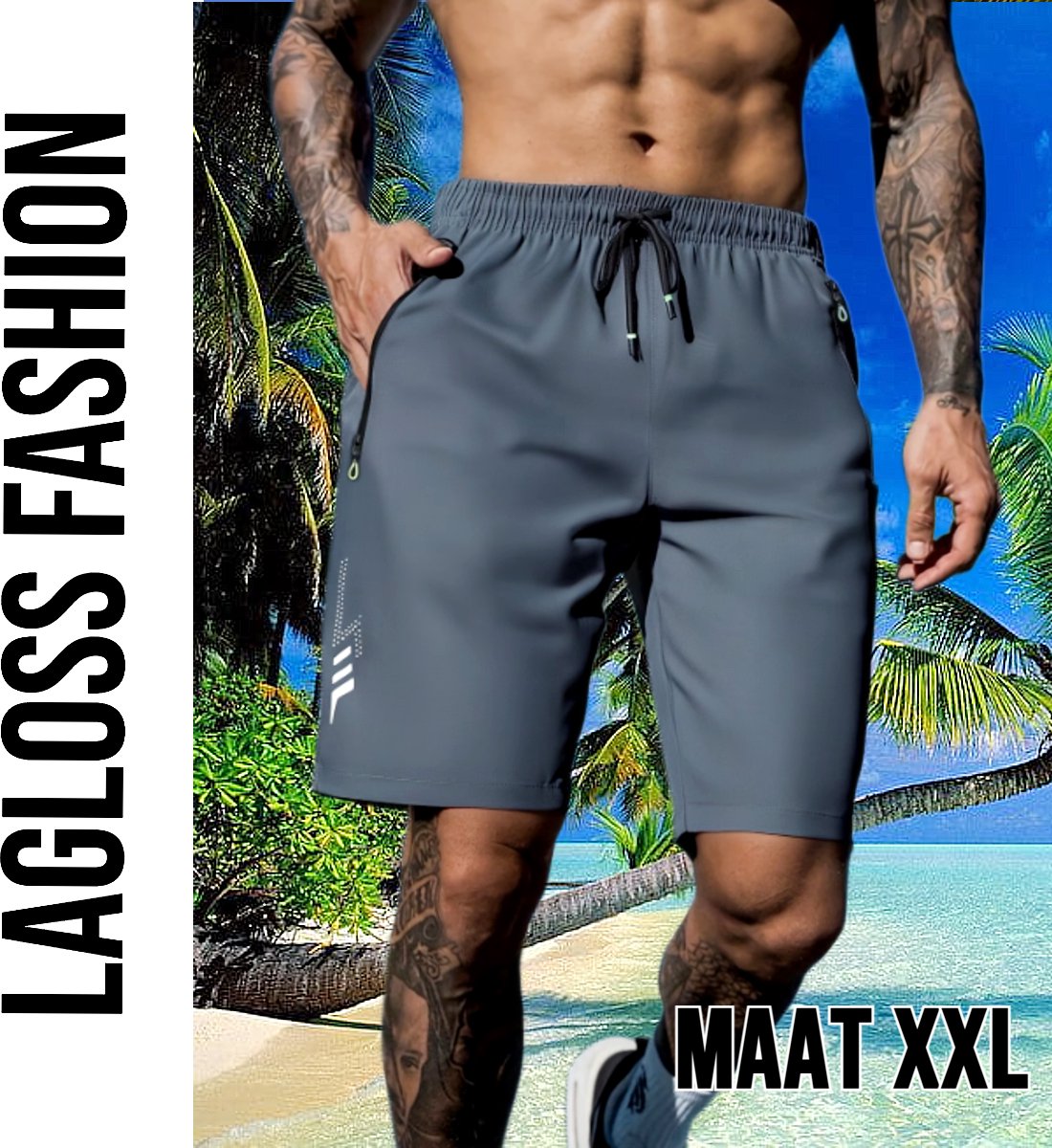 LaGloss® Heren Zwemshort Sportshort Sneldrogend Donkergrijs – met Ritszakken & Trekkoord – Zomermode – Sportmode – Maat XXL
