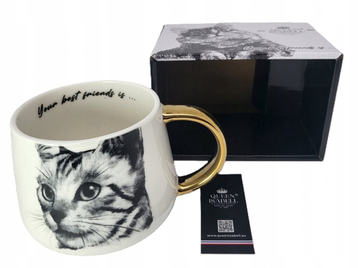 Elegante porseleinen mok met kattenprint en gouden handvat - 400 ml