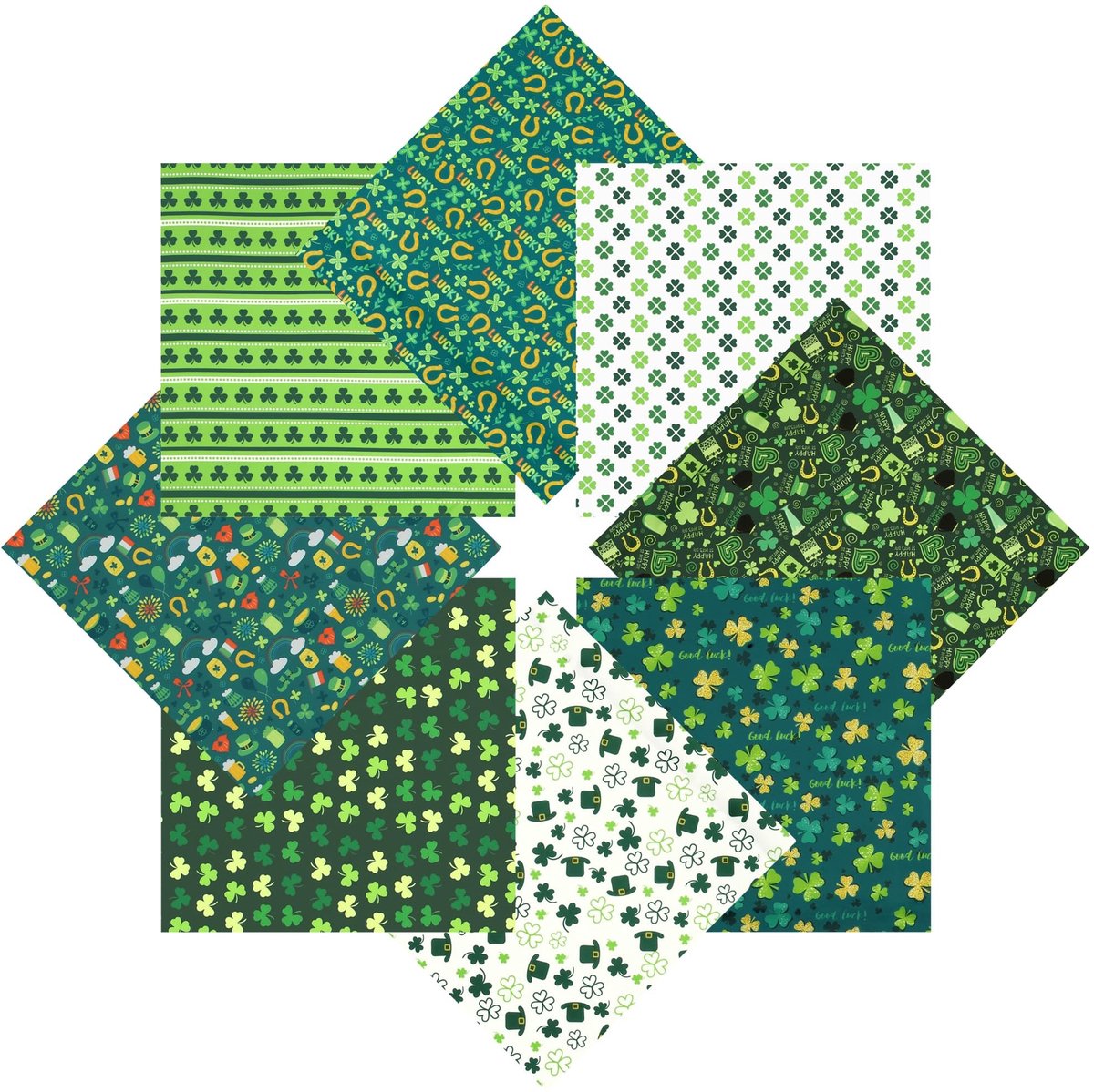 Dailygoods- Katoenen Stof St. Patrick's Day - 8 Stuks - 50 x 50 cm - Patchwork - Doe-het-zelf Handwerk - Geschenkverpakking - Stofbundel
