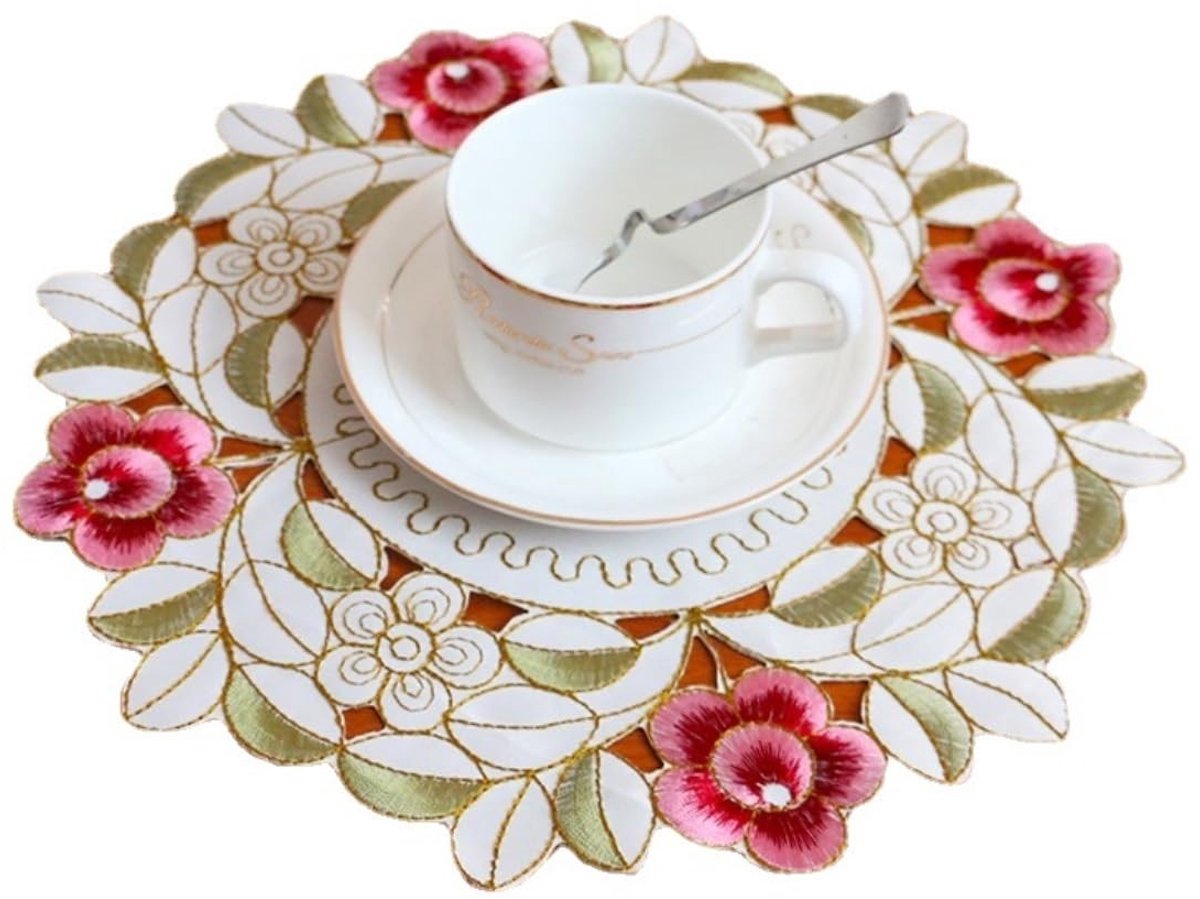 Dailygoods- Placemat Geborduurde Bloemen - 2 Stuks - Ronde Onderzetters - Antislip - Boho-Stijl - Duurzaam Polyester - 15/20/25/30 cm