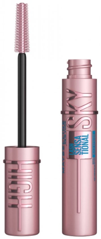 Roze mascara met deksel en borstel apart. Tekst: HIGH, SKY, LASH SENSATIONAL.