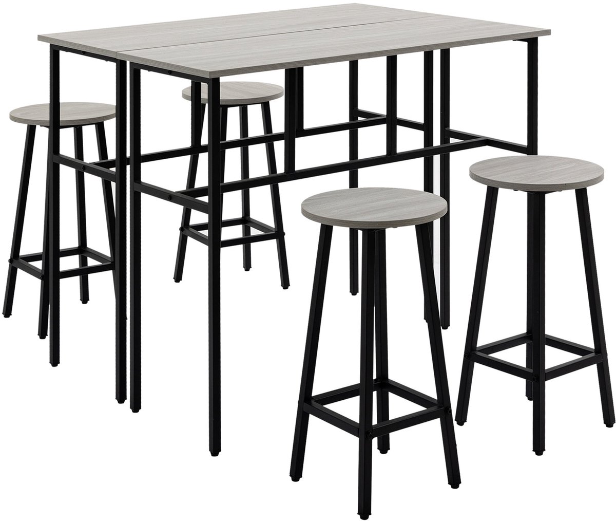 Merax 6-Delige Bartafelset Met 2 Bartafels En 4 Barkrukken - Industriële Stijl - Ruimtebesparende Barset - Grijs/Zwart - 100 x 40 x 90 cm