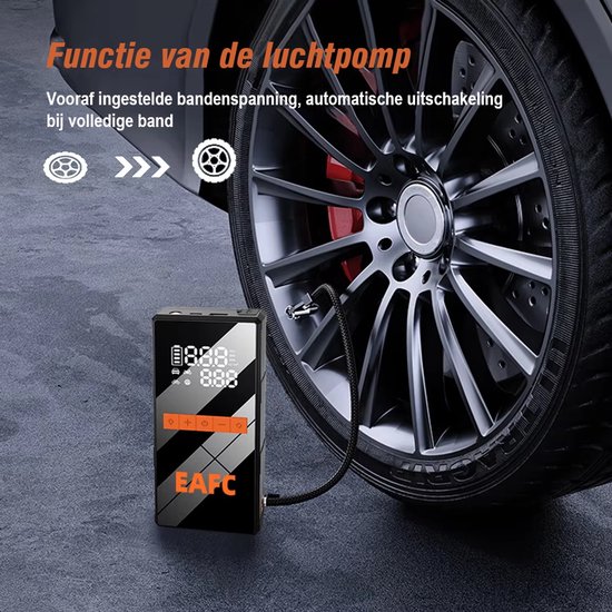 Zwarte EAFC startbooster aangesloten op een autoband. Toont 'functie van de luchtpomp'.