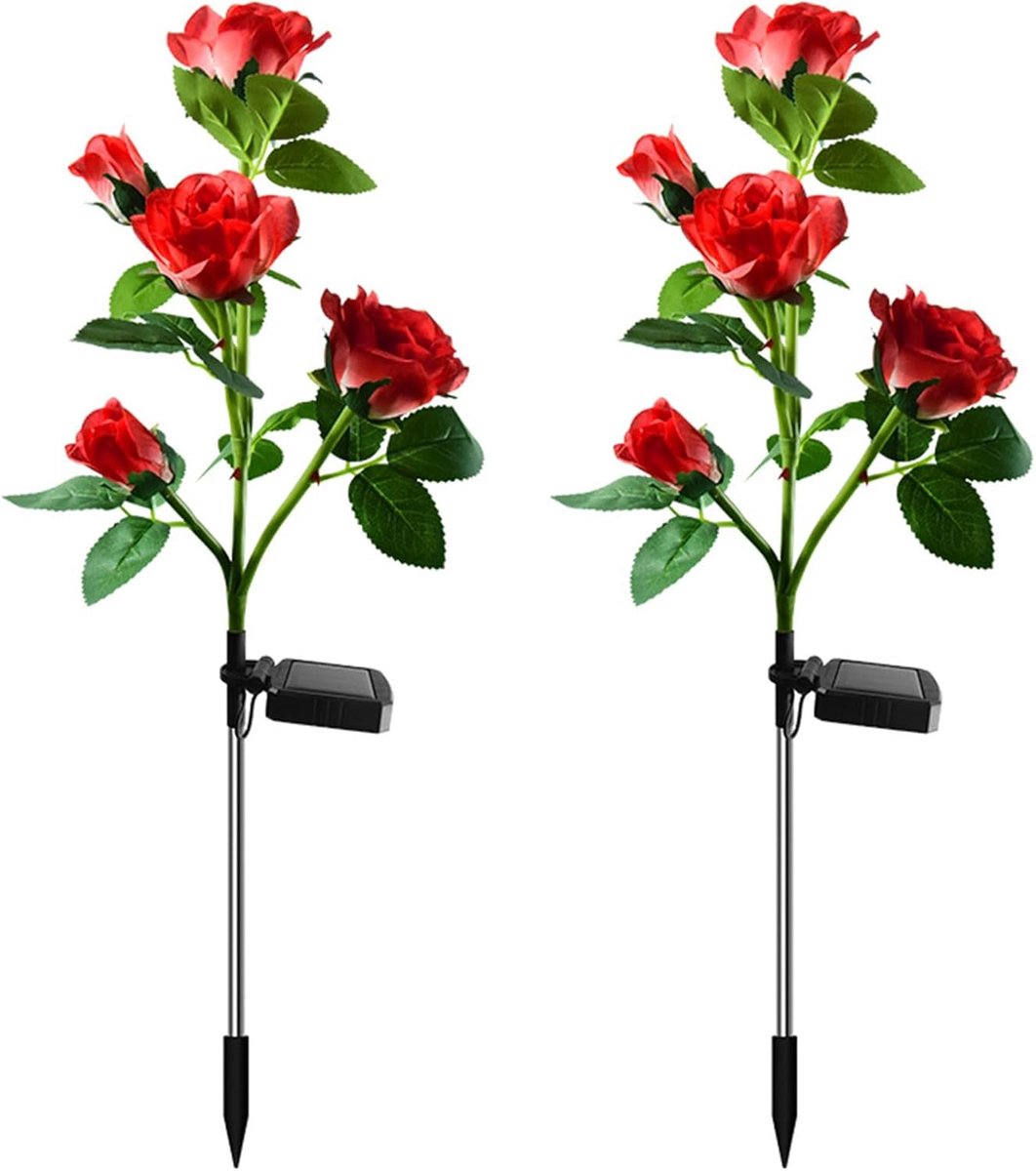 Twee op zonne-energie werkende LED-decoratieve tuinlampen met gesimuleerde rozenmotieven (rood - 5 rozenkoppen).