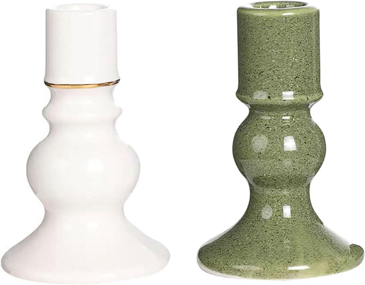 Kandelaars Set - Keramiek Houders - Romantisch Diner - Vintage Design - 11.5 cm - Groen Wit