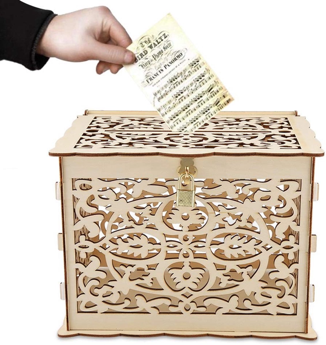 JHUBERS- Bruiloftskaartenbox Houten - Decoratieve Kaartdoos - Sleuf en Slot - Opvouwbaar Ontwerp - Inclusief Sleutel - Afmetingen 25 x 20 x 18,3 cm