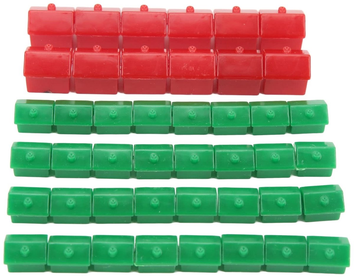 JHUBERS- Hotelspel Vervangende Stukken - Draagbare Plastic Hotels - Speelaccessoires - 10 Rode Huizen - 30 Groene Huizen - Lichtgewicht en Slijtvast - Bordspel