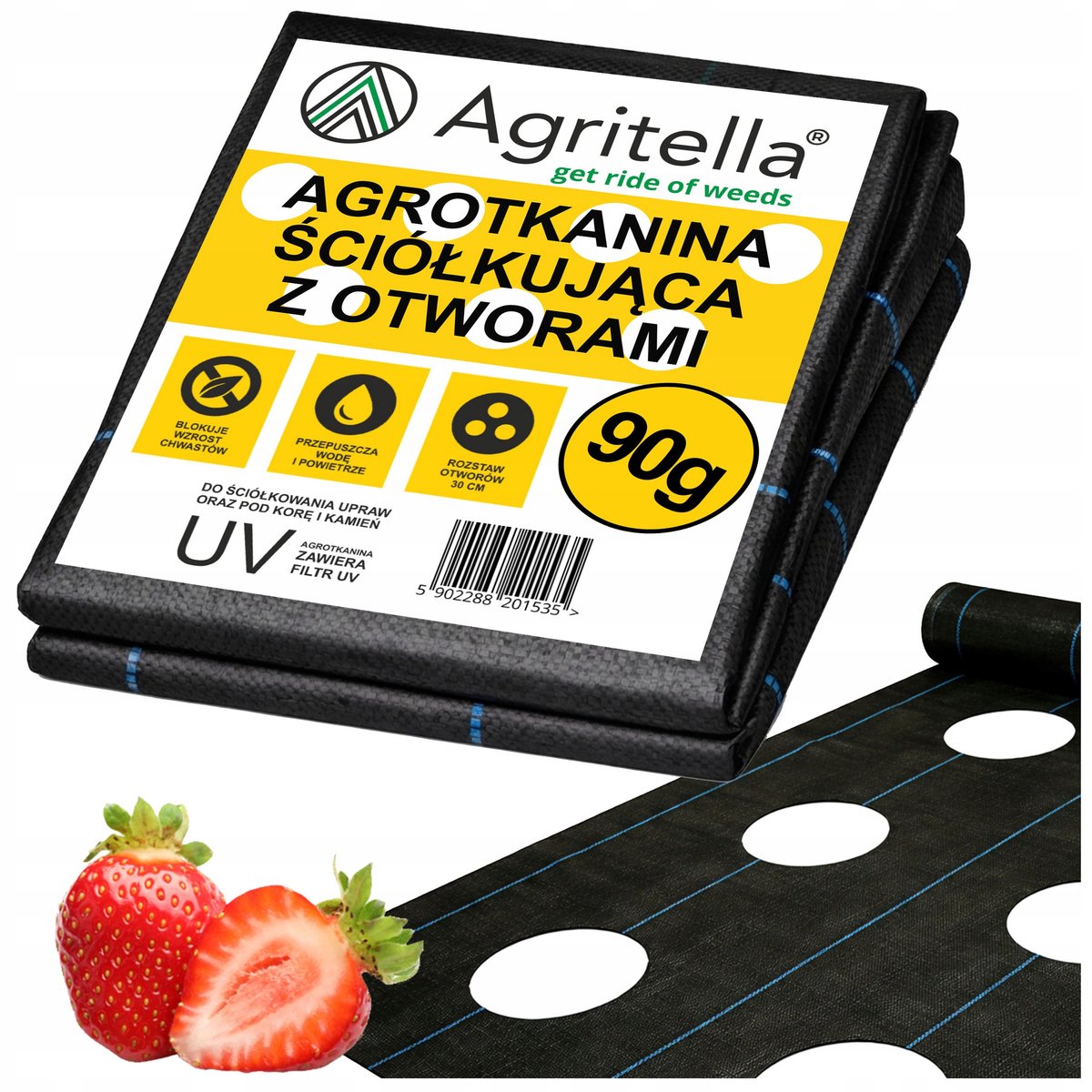 Agrostof 0,8x20m met zwarte UV, 90g, met gaten voor aardbeien